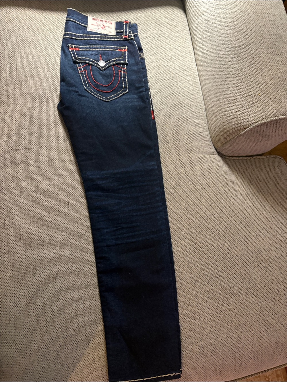 True Religion Relaxed Fit Dark Indigo Jeans with Red Stitching